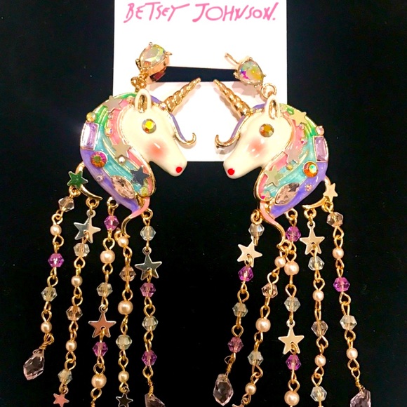 New  Betsey Johnson Unicorn Fringe Chandelier Earrings - Picture 13 of 15
